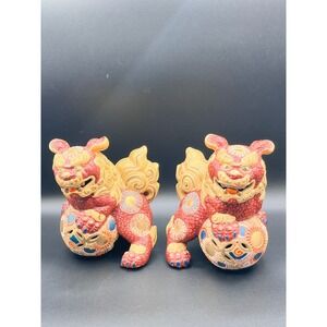 Set Of 2 Vtg Kutani Porcelain Figurine Shisa Guardian Lion Foo Dogs-Signed 7"